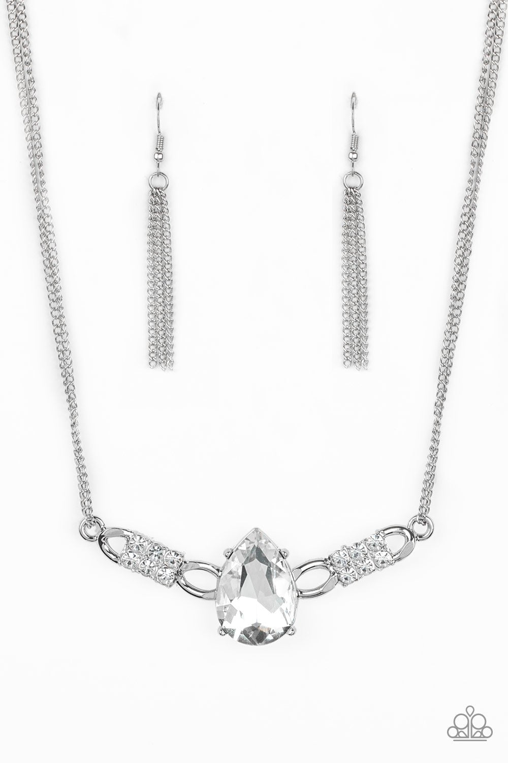 Way To Make An Entrance Silver and White Rhinestone Necklace - Paparazzi Accessories- lightbox - CarasShop.com - Paparazzi Jewelry by Cara Jewels