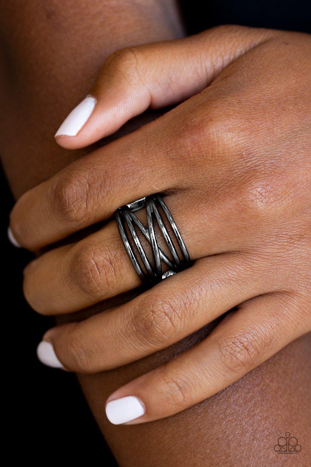 Way Wayward Gunmetal Black Ring - Paparazzi Accessories- on model - CarasShop.com - Paparazzi Jewelry by Cara Jewels