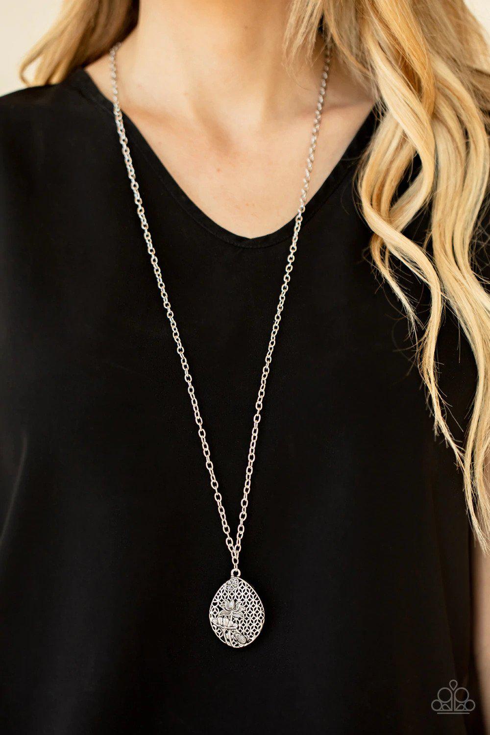Wearable Wildflowers Silver Necklace - Paparazzi Accessories- on model - CarasShop.com - Paparazzi Jewelry by Cara Jewels