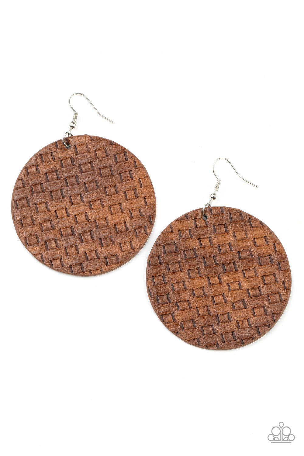 WEAVE Me Out Of It Brown Leather Earrings - Paparazzi Accessories- lightbox - CarasShop.com - Paparazzi Jewelry by Cara Jewels