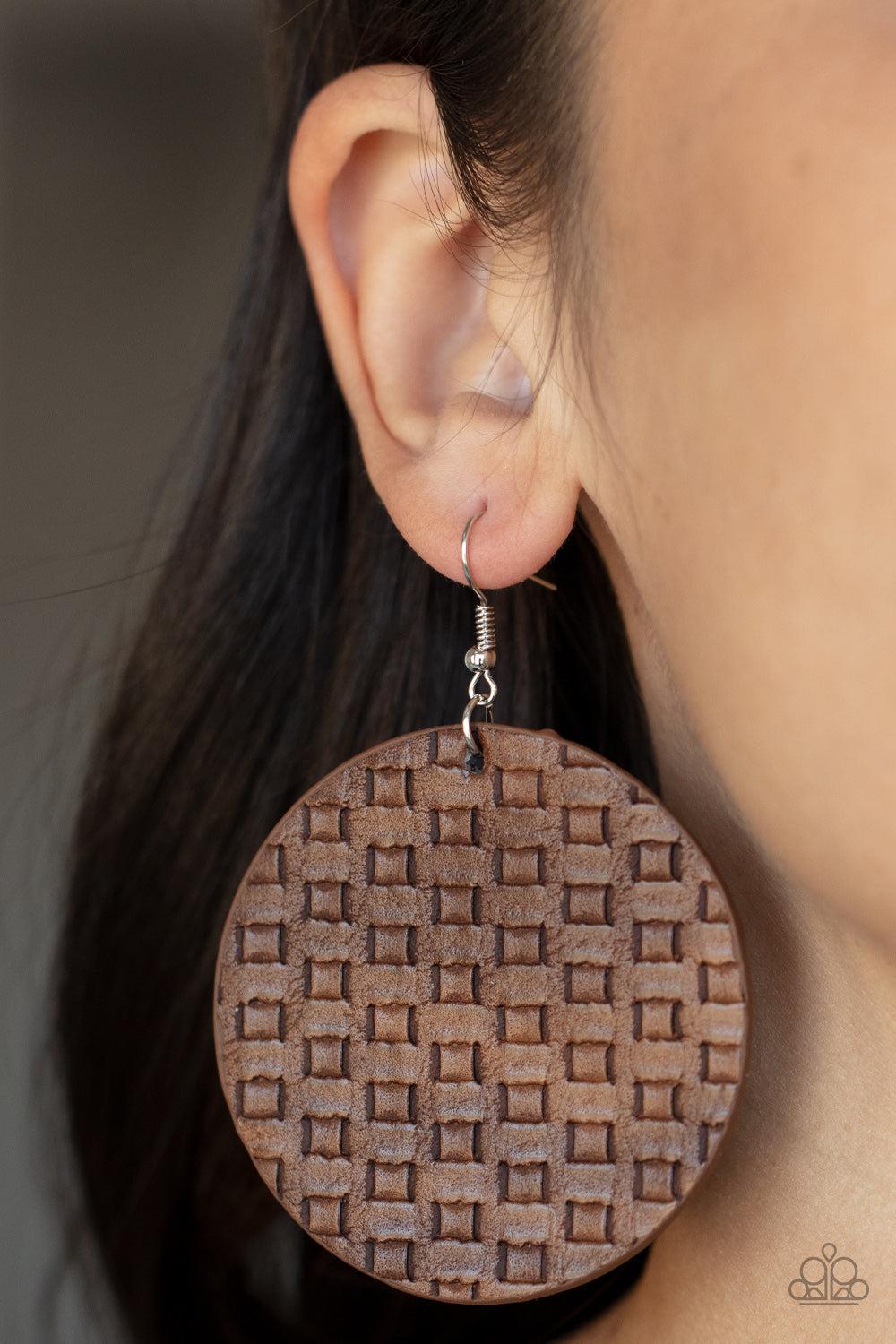 WEAVE Me Out Of It Brown Leather Earrings - Paparazzi Accessories- on model - CarasShop.com - Paparazzi Jewelry by Cara Jewels