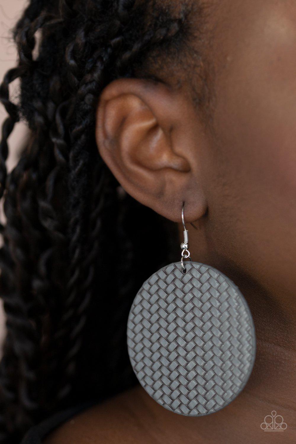 WEAVE Your Mark Silver Weave Earrings - Paparazzi Accessories- on model - CarasShop.com - Paparazzi Jewelry by Cara Jewels