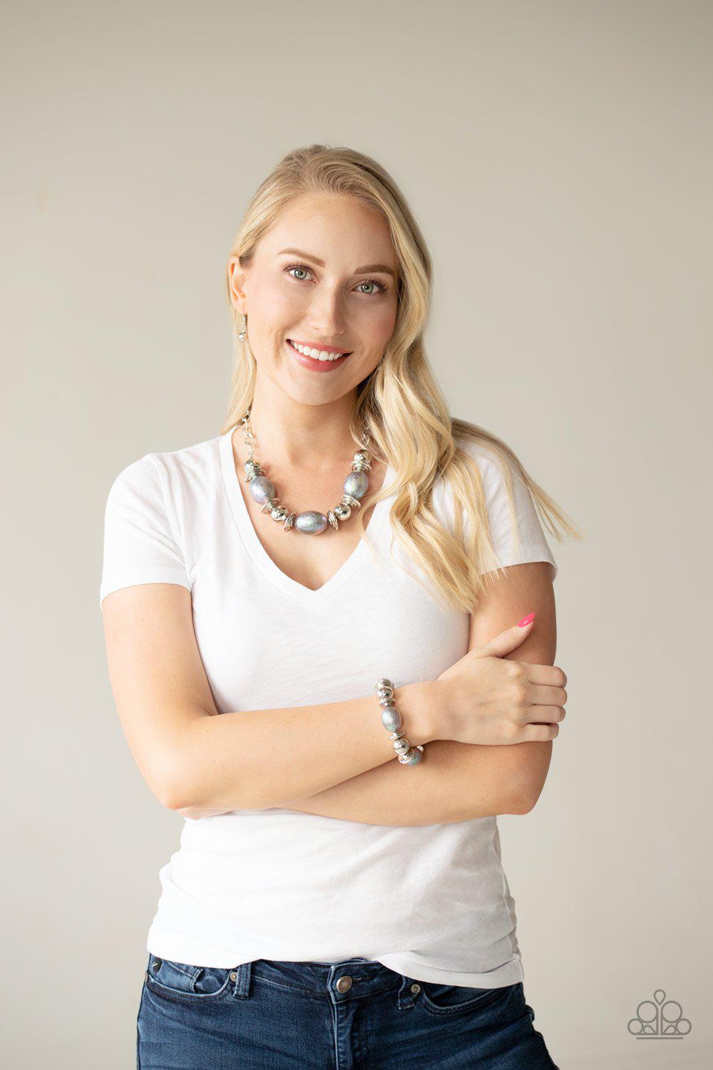 Welcome To The Big Leagues Silver and Iridescent Bead Necklace - Paparazzi Accessories - free matching earrings -CarasShop.com - Paparazzi Jewelry by Cara Jewels