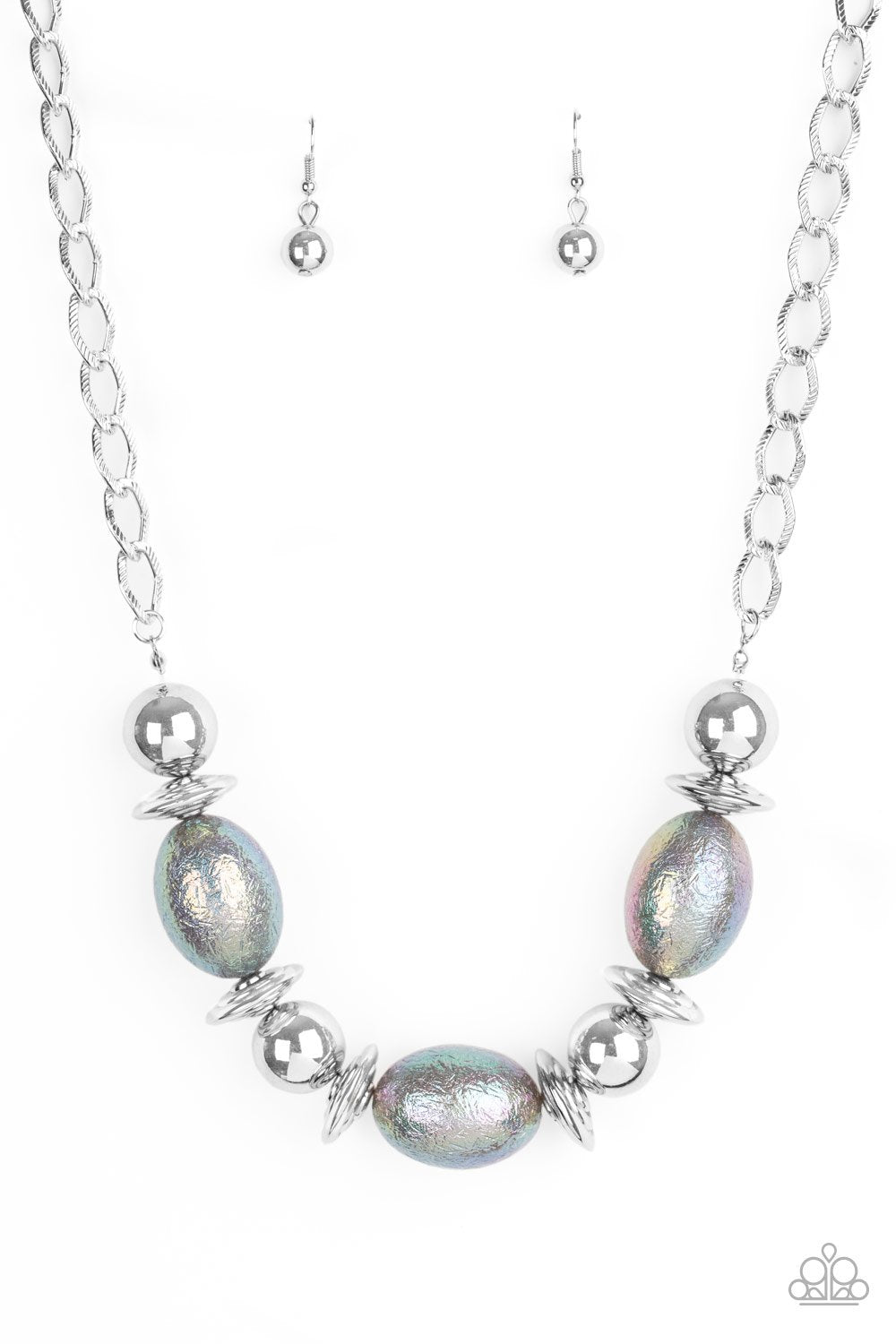 Welcome To The Big Leagues Silver and Iridescent Bead Necklace - Paparazzi Accessories- on model - CarasShop.com - Paparazzi Jewelry by Cara Jewels