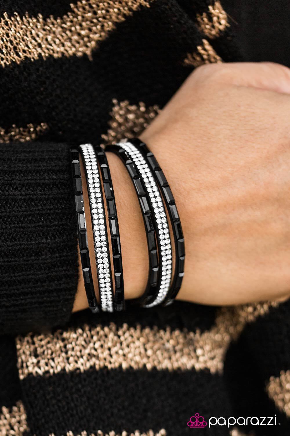 Welcome To The Fashion Show Black and White Double-wrap Snap Bracelet - Paparazzi Accessories- lightbox - CarasShop.com - Paparazzi Jewelry by Cara Jewels