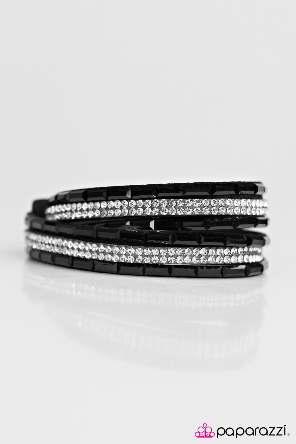 Welcome To The Fashion Show Black and White Double-wrap Snap Bracelet - Paparazzi Accessories- on model - CarasShop.com - Paparazzi Jewelry by Cara Jewels