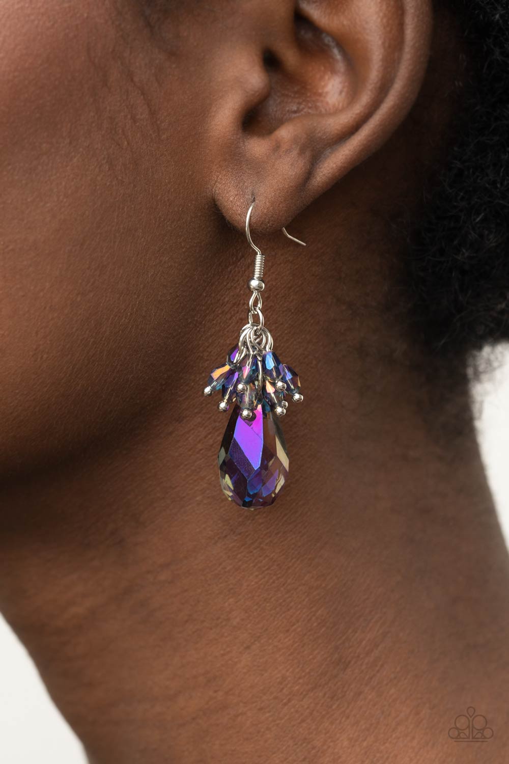 Well Versed in Sparkle Purple "Oil Spill" Earrings - Paparazzi Accessories- on model - CarasShop.com - Paparazzi Jewelry by Cara Jewels