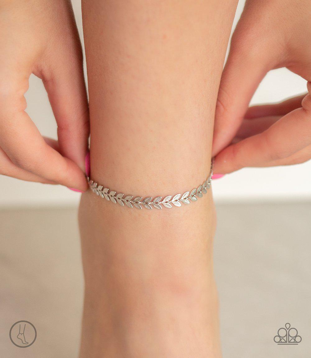 West Coast Goddess Silver Leaf Anklet - Paparazzi Accessories- lightbox - CarasShop.com - Paparazzi Jewelry by Cara Jewels