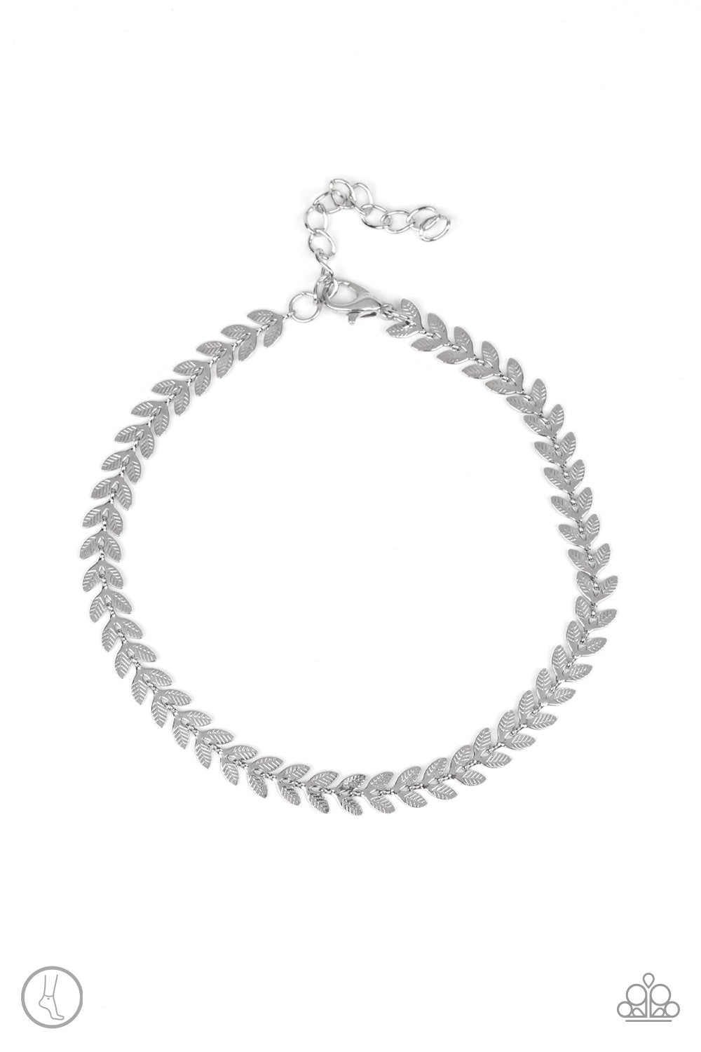 West Coast Goddess Silver Leaf Anklet - Paparazzi Accessories- on model - CarasShop.com - Paparazzi Jewelry by Cara Jewels