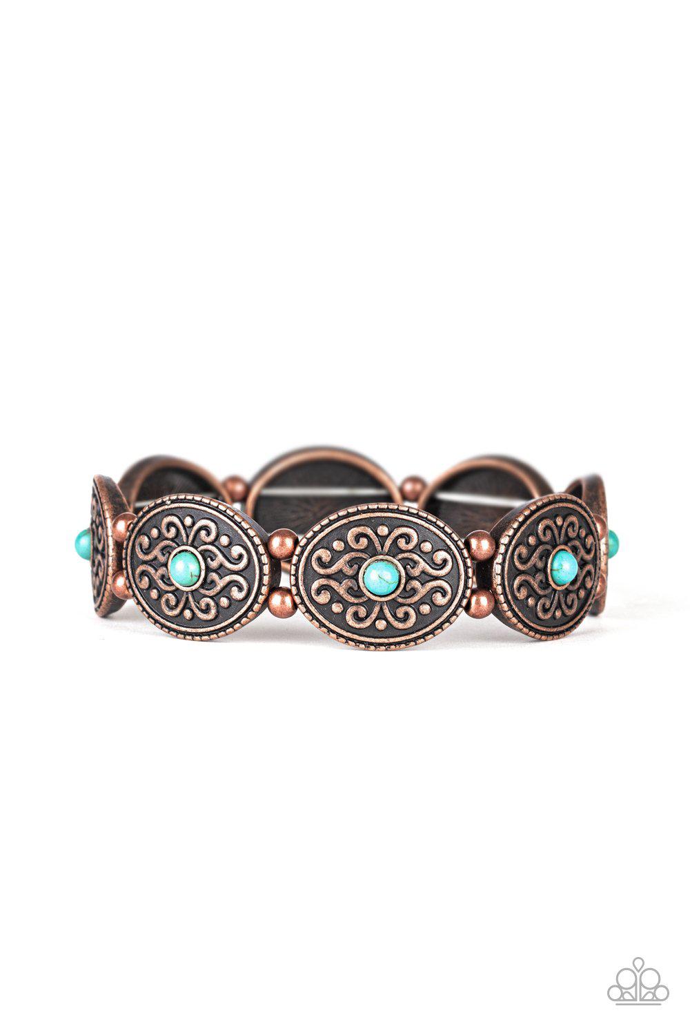 West Wishes Copper and Turquoise Blue Stone Bracelet - Paparazzi Accessories- on model - CarasShop.com - Paparazzi Jewelry by Cara Jewels