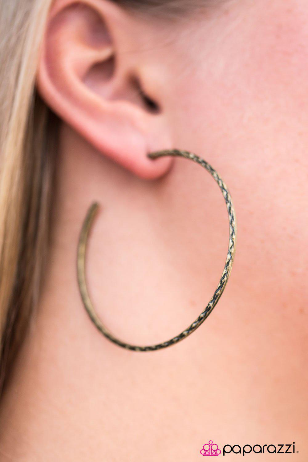 Western Diamondback Brass Hoop Earrings - Paparazzi Accessories- lightbox - CarasShop.com - Paparazzi Jewelry by Cara Jewels