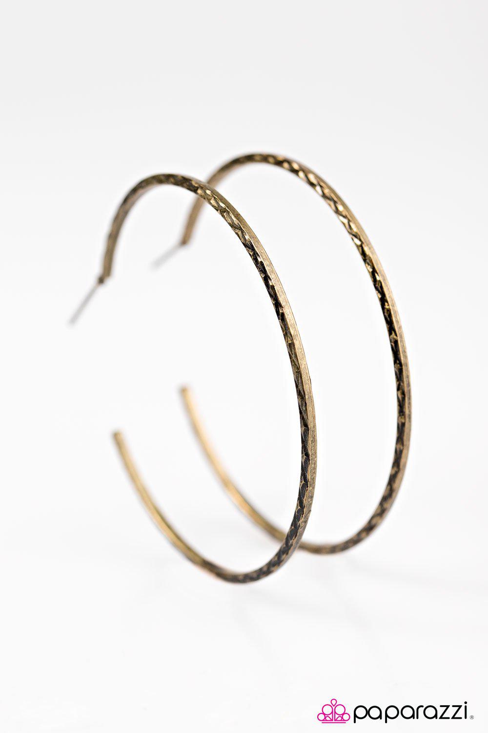 Western Diamondback Brass Hoop Earrings - Paparazzi Accessories- on model - CarasShop.com - Paparazzi Jewelry by Cara Jewels