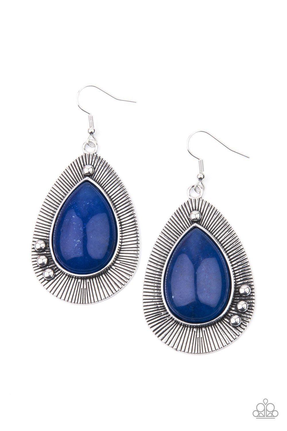 Western Fantasy Dark Blue Earrings - Paparazzi Accessories- on model - CarasShop.com - Paparazzi Jewelry by Cara Jewels