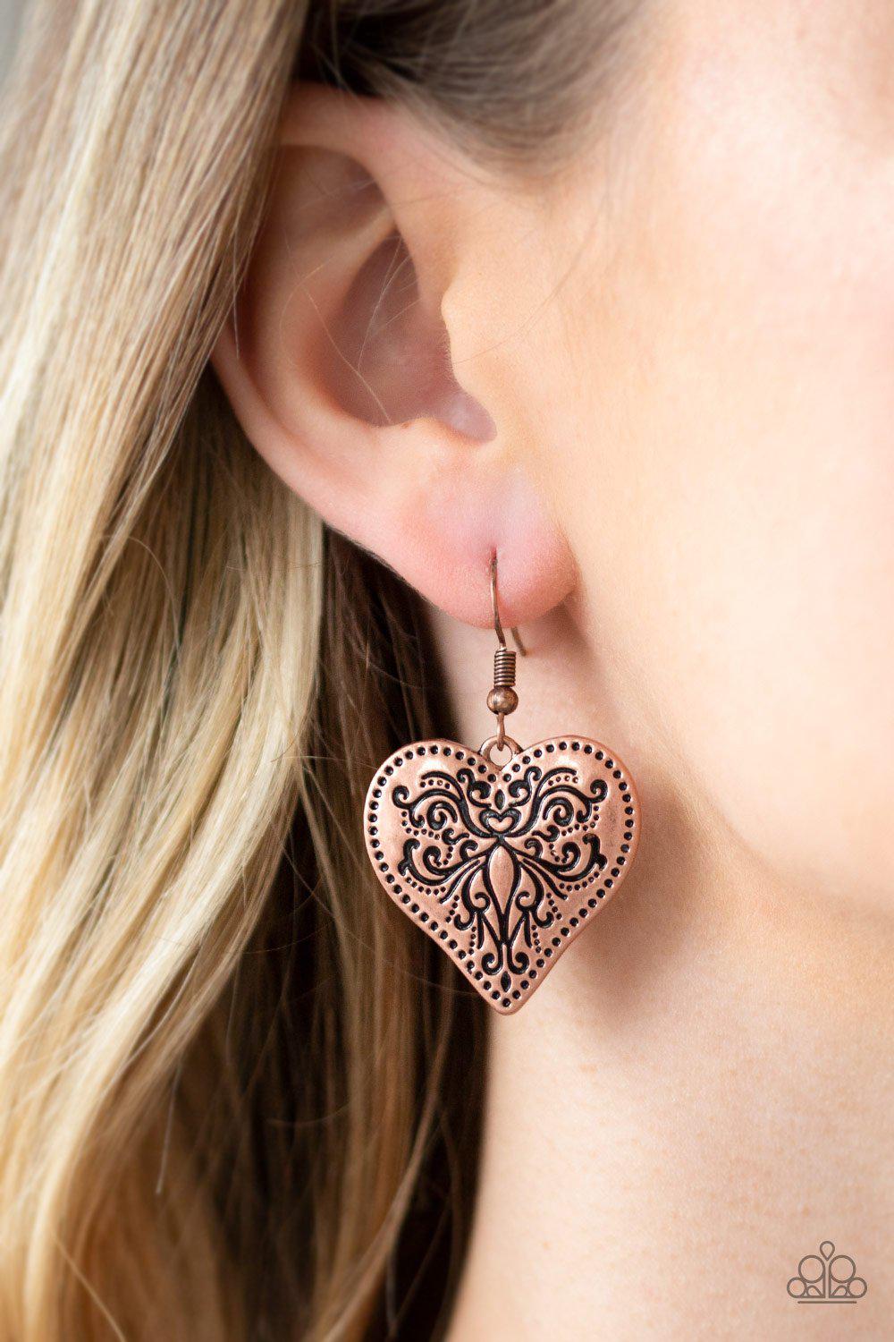 Western Heart Copper Heart Earrings - Paparazzi Accessories- lightbox - CarasShop.com - Paparazzi Jewelry by Cara Jewels
