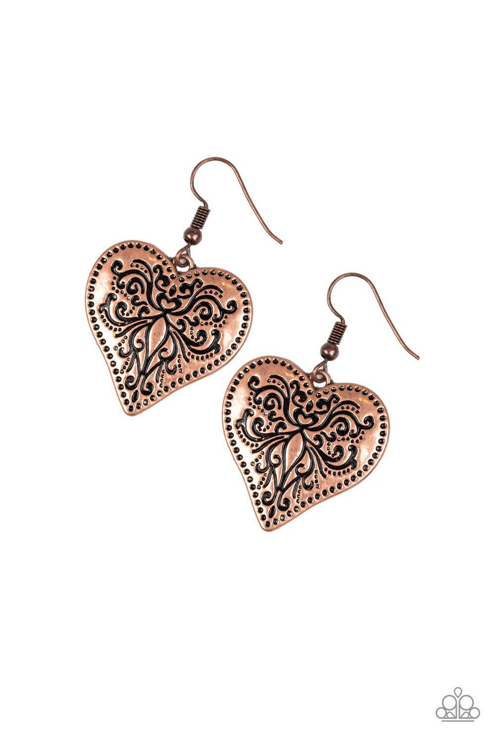 Western Heart Copper Heart Earrings - Paparazzi Accessories- on model - CarasShop.com - Paparazzi Jewelry by Cara Jewels
