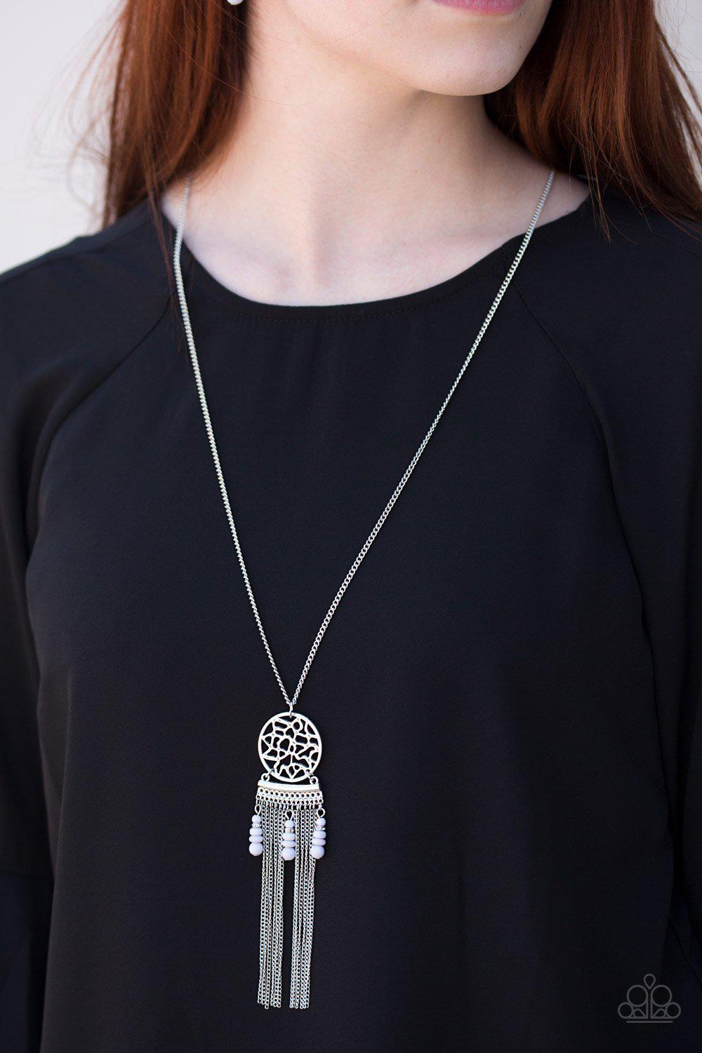 Western Wayward Long Silver Fringe Necklace - Paparazzi Accessories- on model - CarasShop.com - Paparazzi Jewelry by Cara Jewels