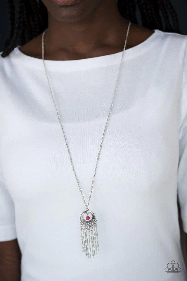 Western Weather Pink Necklace - Paparazzi Accessories- on model - CarasShop.com - Paparazzi Jewelry by Cara Jewels
