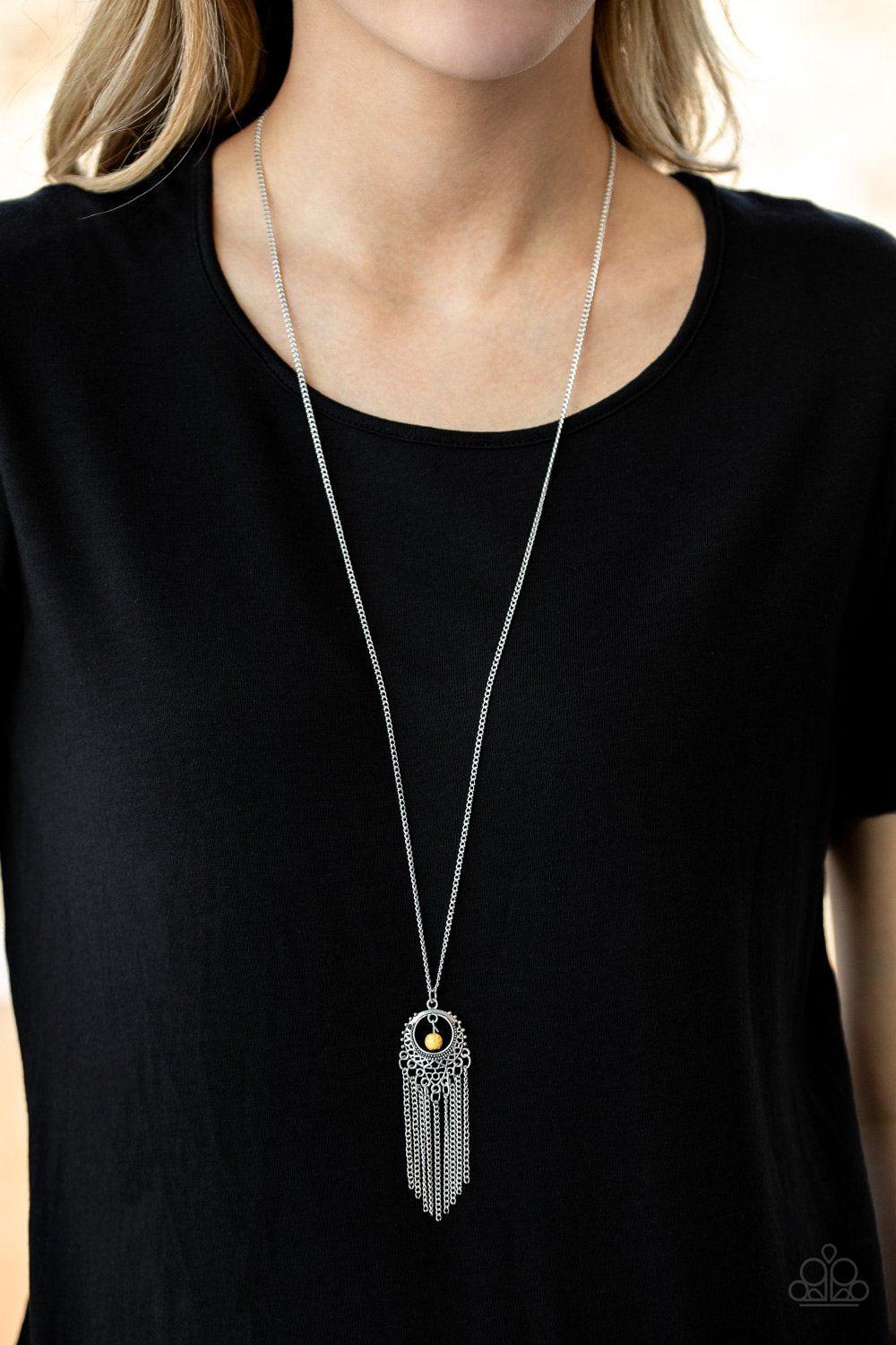 Western Weather Yellow Necklace - Paparazzi Accessories- on model - CarasShop.com - Paparazzi Jewelry by Cara Jewels