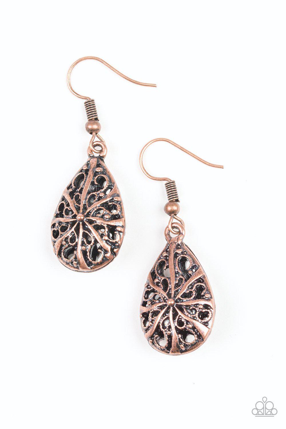 Western Wisteria Copper Earrings - Paparazzi Accessories- on model - CarasShop.com - Paparazzi Jewelry by Cara Jewels