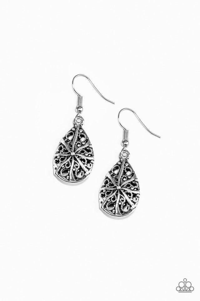 Western Wisteria Silver Earrings - Paparazzi Accessories- on model - CarasShop.com - Paparazzi Jewelry by Cara Jewels