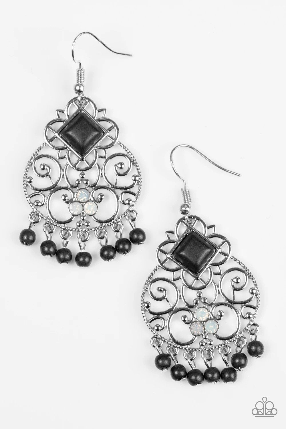 Western Wonder Black Stone and Silver Filigree Earrings - Paparazzi Accessories- lightbox - CarasShop.com - Paparazzi Jewelry by Cara Jewels