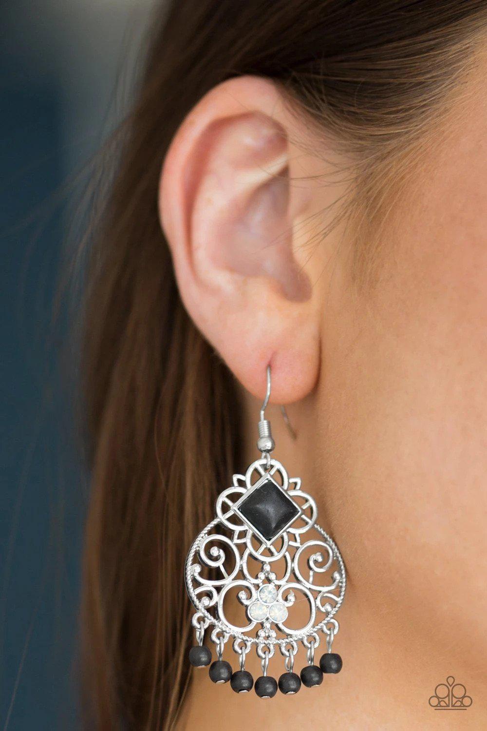 Western Wonder Black Stone and Silver Filigree Earrings - Paparazzi Accessories- on model - CarasShop.com - Paparazzi Jewelry by Cara Jewels