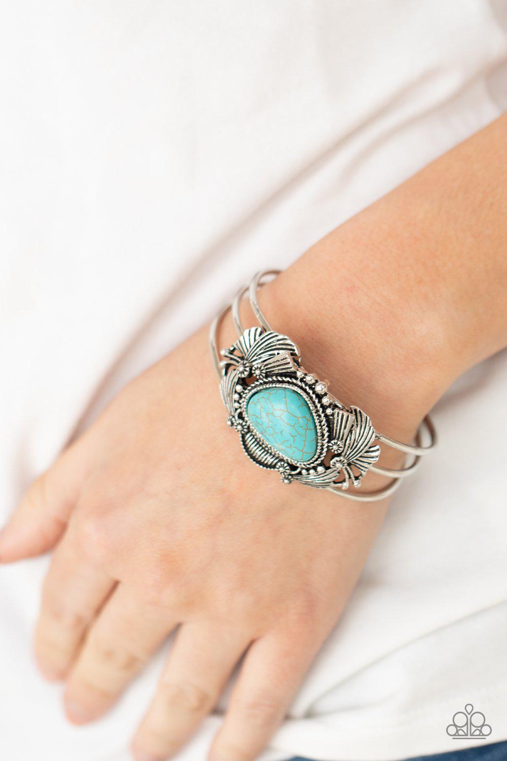 Western Wonderland Turquoise Blue Stone and Silver Cuff Bracelet - Paparazzi Accessories- on model - CarasShop.com - Paparazzi Jewelry by Cara Jewels