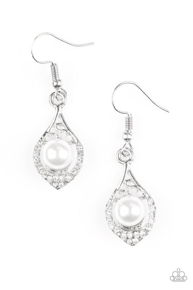Westminster Waltz White Pearl Teardrop Earrings - Paparazzi Accessories- on model - CarasShop.com - Paparazzi Jewelry by Cara Jewels