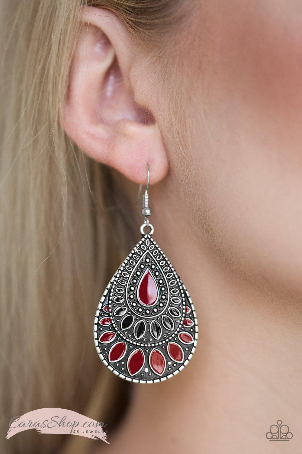 Westside Wildside Red and Black Teardrop Earrings - Paparazzi Accessories- on model - CarasShop.com - Paparazzi Jewelry by Cara Jewels