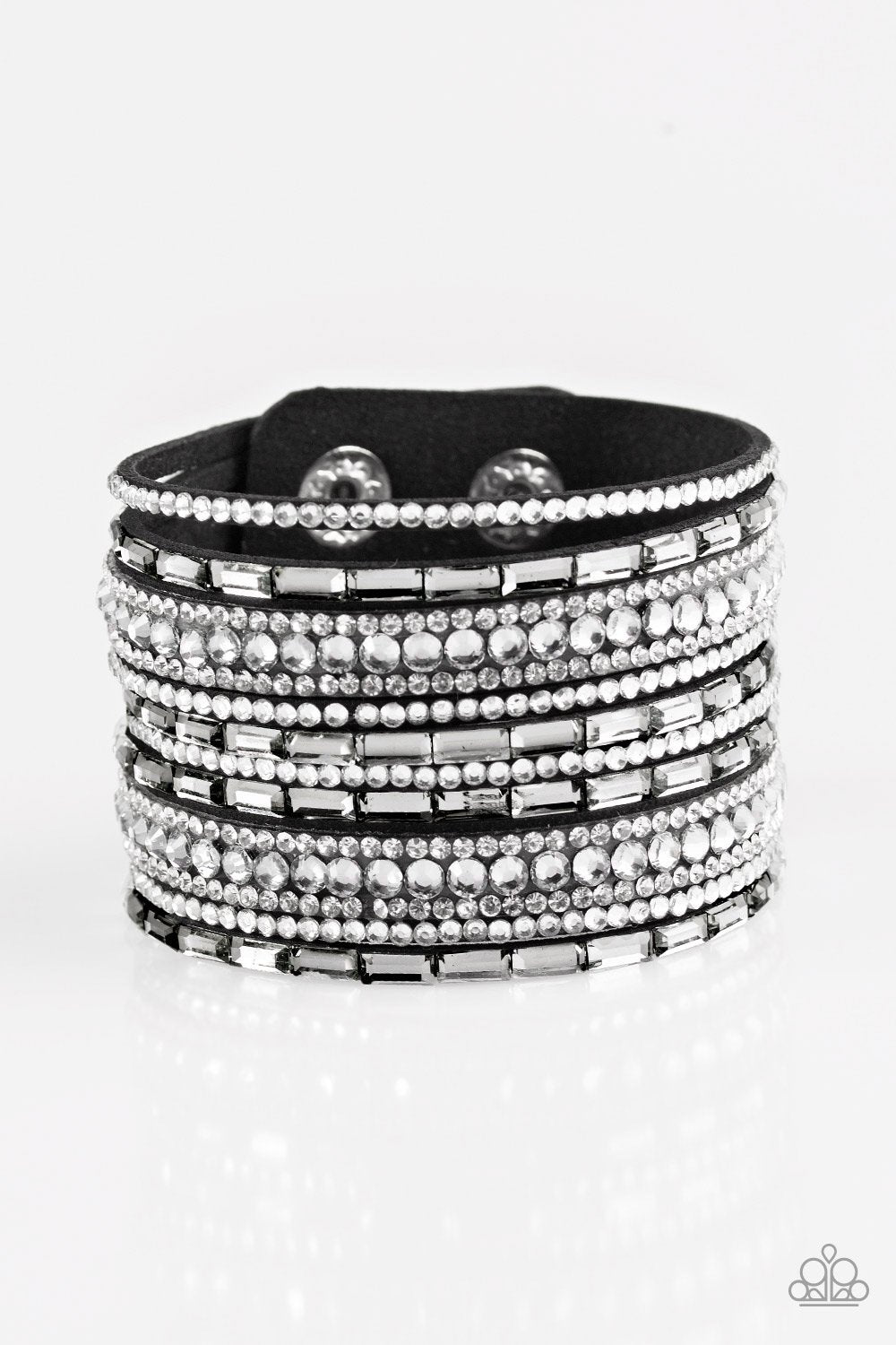 Wham Bam Glam Black, Hematite and White Urban Wrap Snap Bracelet - Paparazzi Accessories- on model - CarasShop.com - Paparazzi Jewelry by Cara Jewels