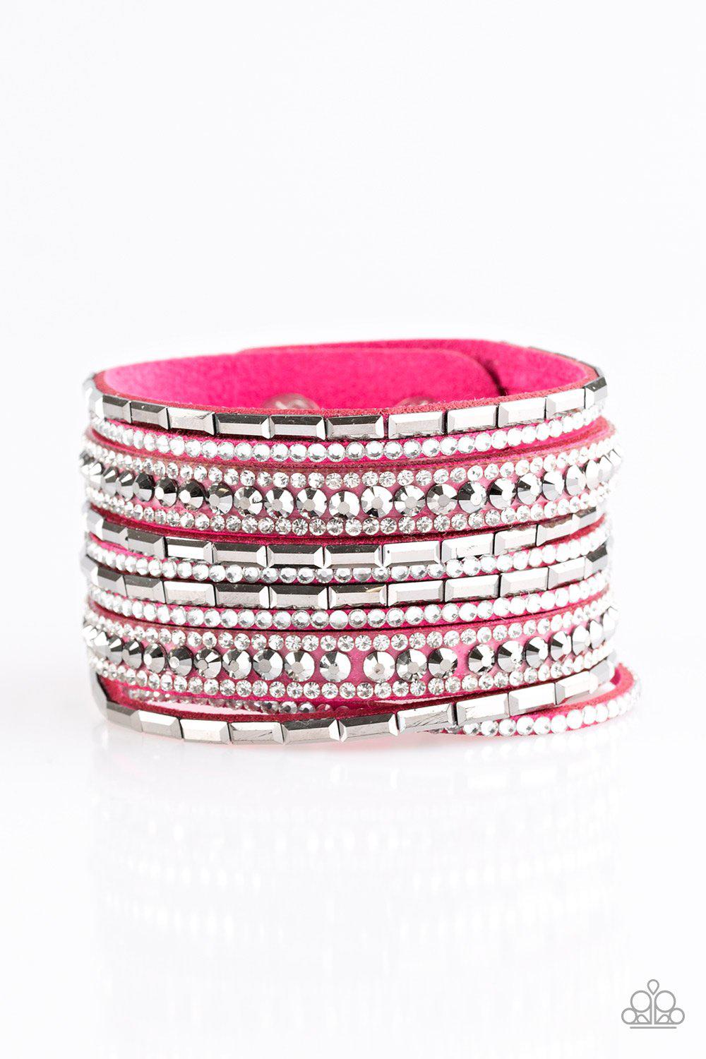 Wham Bam Glam Pink and Silver Hematite Urban Wrap Snap Bracelet - Paparazzi Accessories- on model - CarasShop.com - Paparazzi Jewelry by Cara Jewels