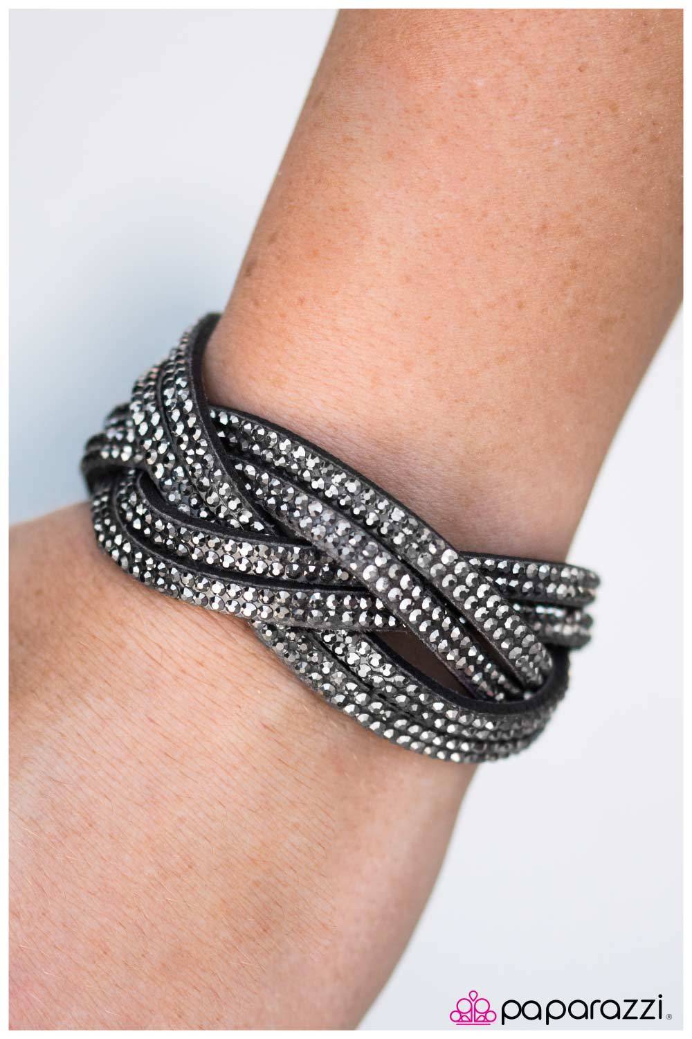 What a Hit! Black and Hematite Rhinestone Braided Wrap Snap Bracelet - Paparazzi Accessories- lightbox - CarasShop.com - Paparazzi Jewelry by Cara Jewels