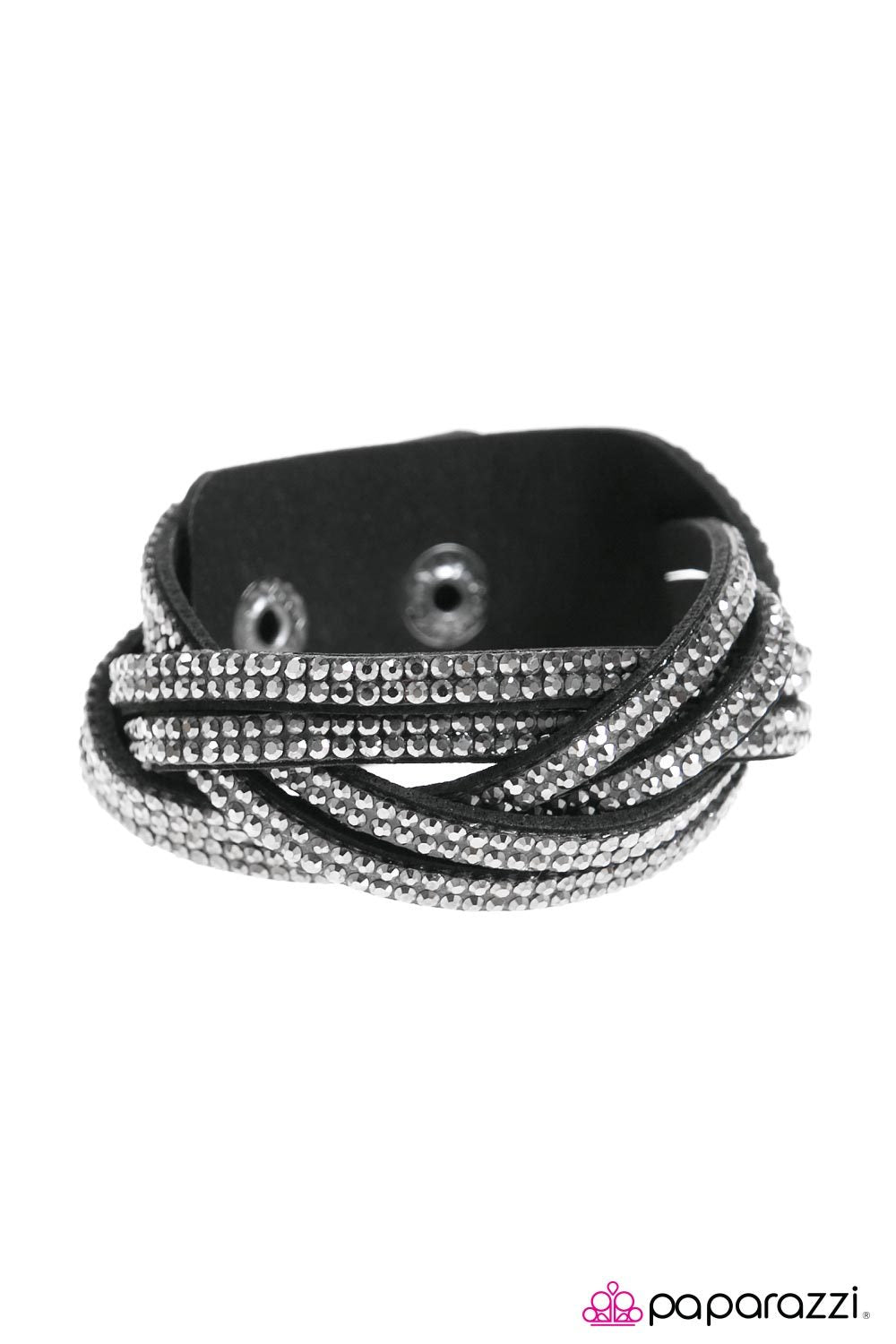 What a Hit! Black and Hematite Rhinestone Braided Wrap Snap Bracelet - Paparazzi Accessories- on model - CarasShop.com - Paparazzi Jewelry by Cara Jewels