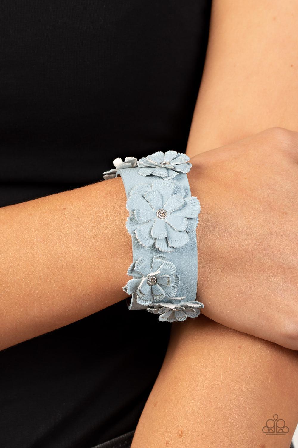 What Do You Pro-POSIES Blue Leather Wrap Snap Bracelet - Paparazzi Accessories- on model - CarasShop.com - Paparazzi Jewelry by Cara Jewels