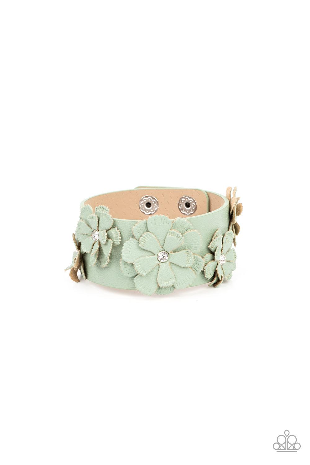 What Do You Pro-POSIES Green Leather Flower Wrap Snap Bracelet - Paparazzi Accessories- lightbox - CarasShop.com - Paparazzi Jewelry by Cara Jewels