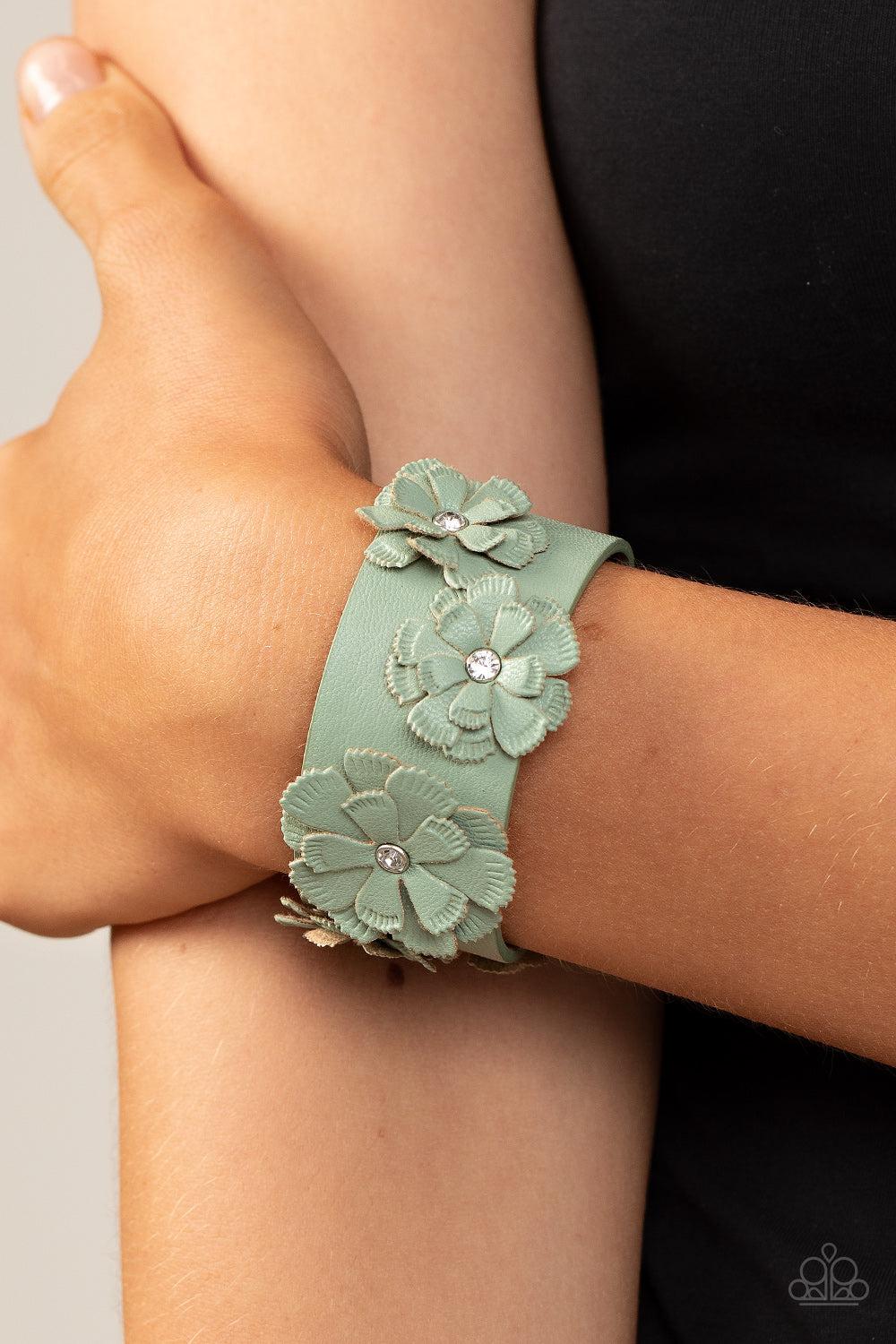 What Do You Pro-POSIES Green Leather Flower Wrap Snap Bracelet - Paparazzi Accessories- on model - CarasShop.com - Paparazzi Jewelry by Cara Jewels