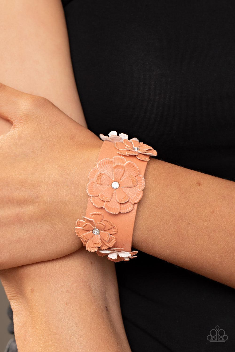 What Do You Pro-POSIES Orange Flower Urban Bracelet - Paparazzi Accessories- on model - CarasShop.com - Paparazzi Jewelry by Cara Jewels
