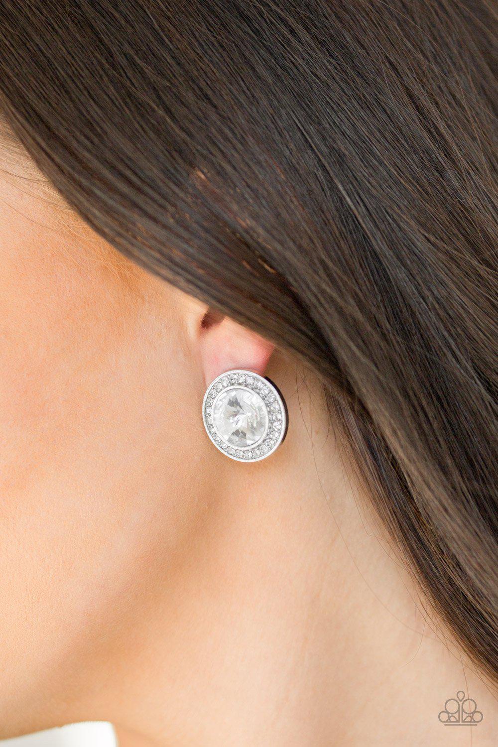 What Should I BLING? White Rhinestone Post Earrings - Paparazzi Accessories- on model - CarasShop.com - Paparazzi Jewelry by Cara Jewels