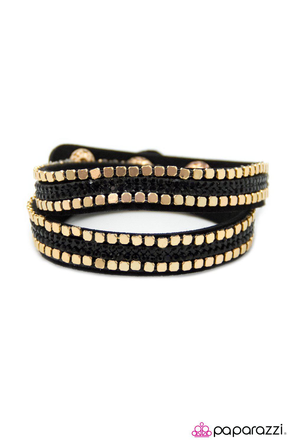 What Your Mama Gave You Gold and Black Double-wrap Snap Bracelet - Paparazzi Accessories- on model - CarasShop.com - Paparazzi Jewelry by Cara Jewels