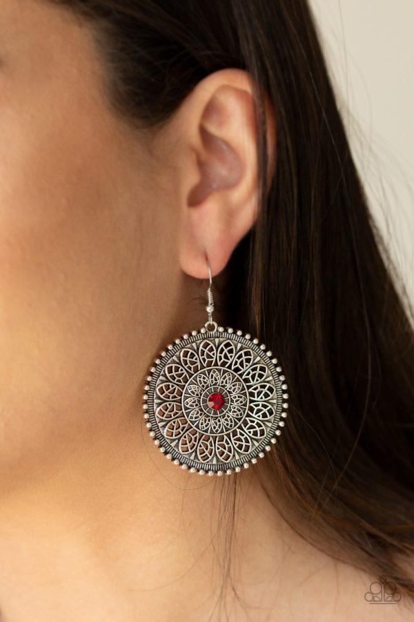 Wheel and Grace Red and Silver Medallion Earrings - Paparazzi Accessories- lightbox - CarasShop.com - Paparazzi Jewelry by Cara Jewels