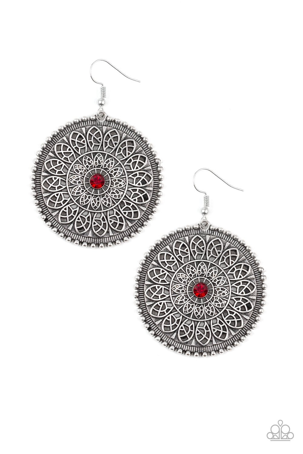 Wheel and Grace Red and Silver Medallion Earrings - Paparazzi Accessories- on model - CarasShop.com - Paparazzi Jewelry by Cara Jewels