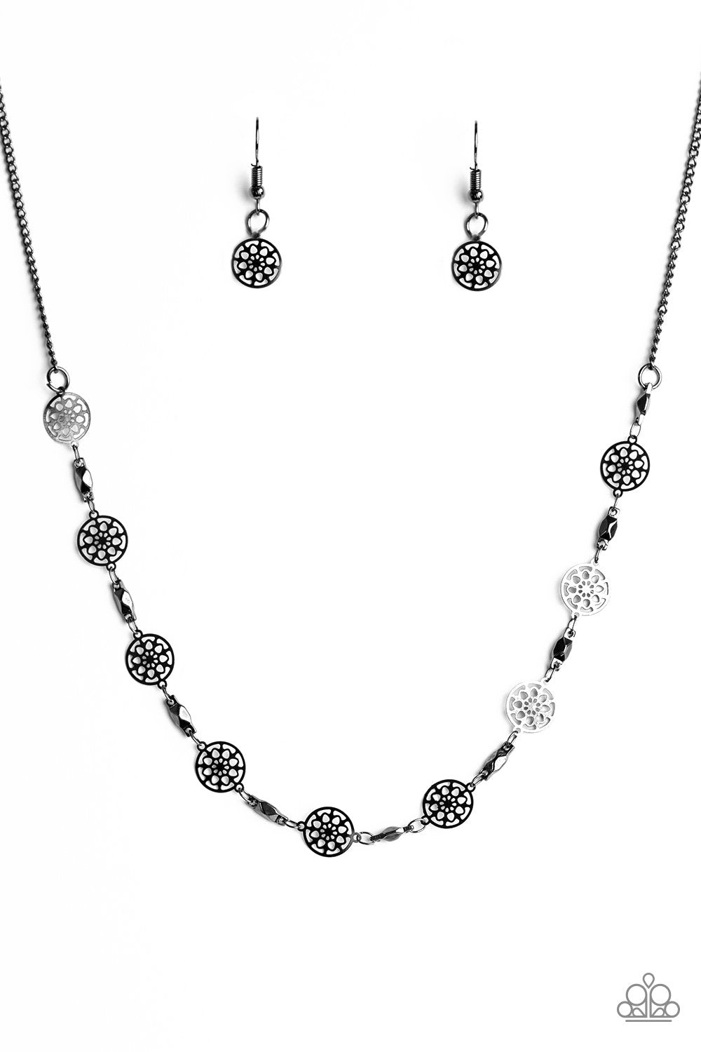 Wheel Power Gunmetal Black Necklace - Paparazzi Accessories - free matching earrings -CarasShop.com - Paparazzi Jewelry by Cara Jewels