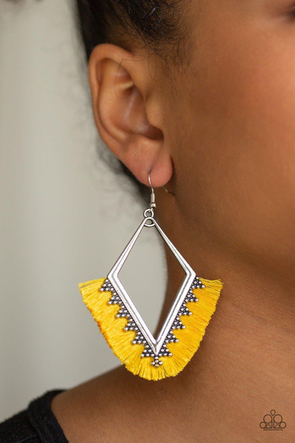 When in Peru Yellow Fringe Earrings - Paparazzi Accessories- lightbox - CarasShop.com - Paparazzi Jewelry by Cara Jewels