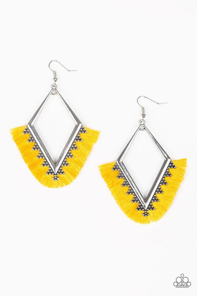 When in Peru Yellow Fringe Earrings - Paparazzi Accessories- on model - CarasShop.com - Paparazzi Jewelry by Cara Jewels