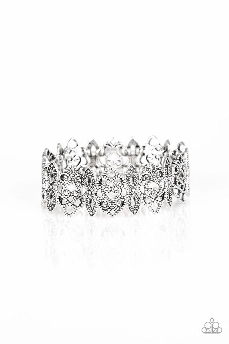 When Yin Met Yang Silver Filigree Bracelet - Paparazzi Accessories- on model - CarasShop.com - Paparazzi Jewelry by Cara Jewels