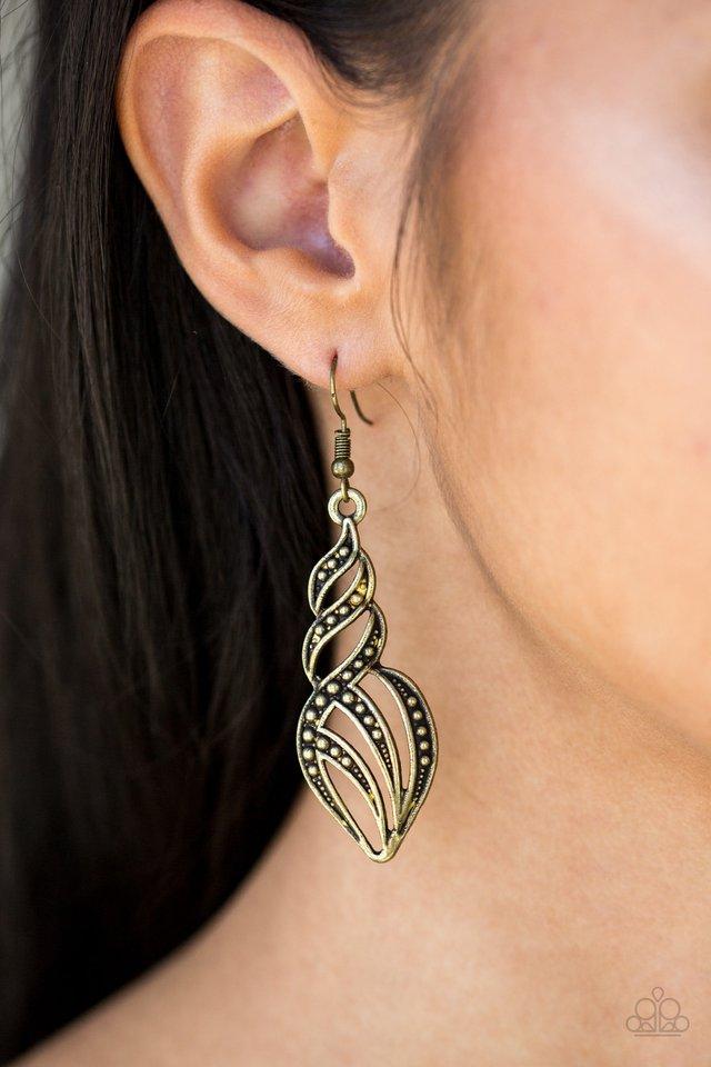 Where's The Fire Brass Earrings - Paparazzi Accessories- on model - CarasShop.com - Paparazzi Jewelry by Cara Jewels