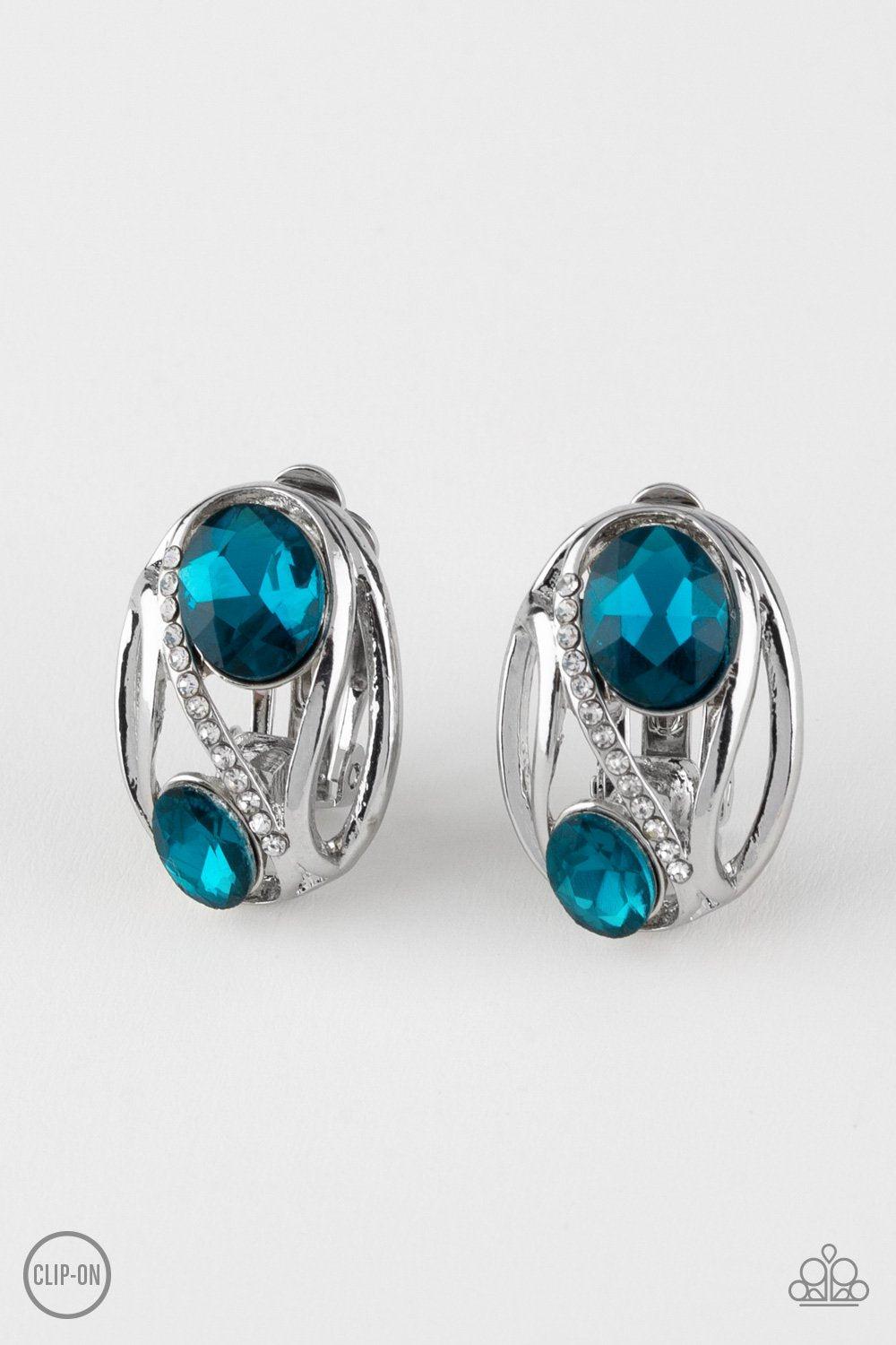 Where's The FIREWORK? Blue and White Rhinestone Clip-on Earrings - Paparazzi Accessories- lightbox - CarasShop.com - Paparazzi Jewelry by Cara Jewels