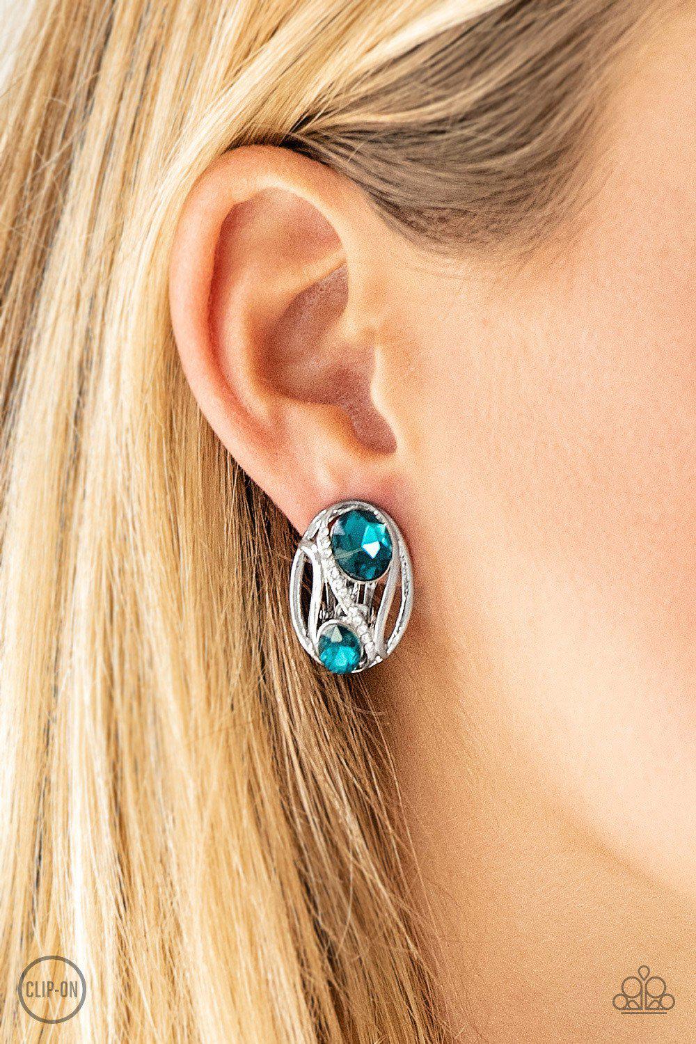Where's The FIREWORK? Blue and White Rhinestone Clip-on Earrings - Paparazzi Accessories- on model - CarasShop.com - Paparazzi Jewelry by Cara Jewels