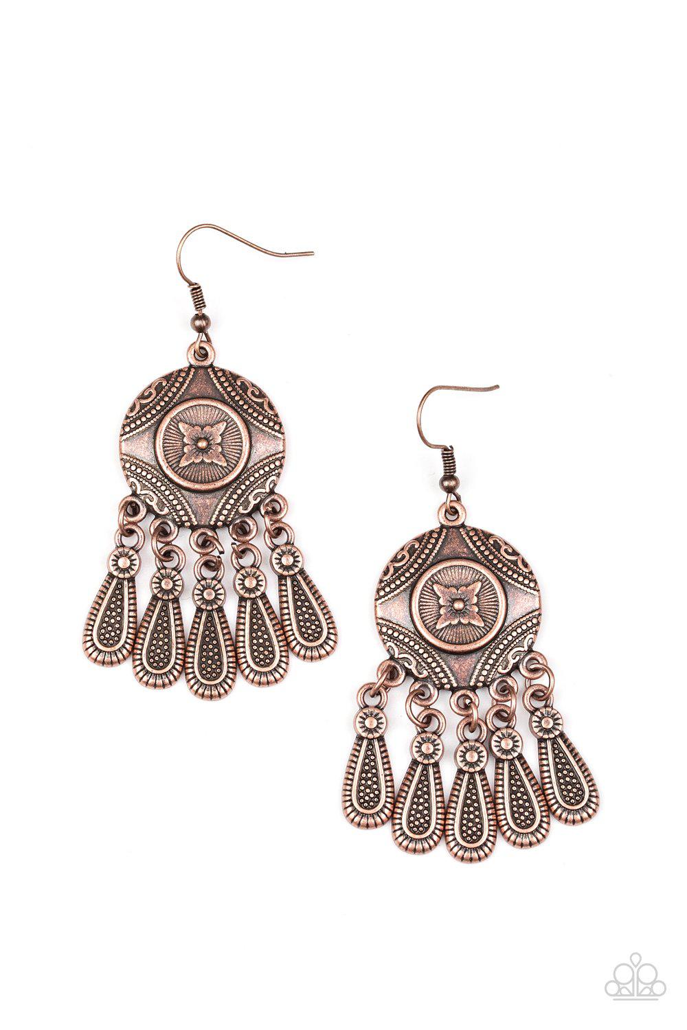 Whimsical Wind Chimes Copper Earrings - Paparazzi Accessories- on model - CarasShop.com - Paparazzi Jewelry by Cara Jewels