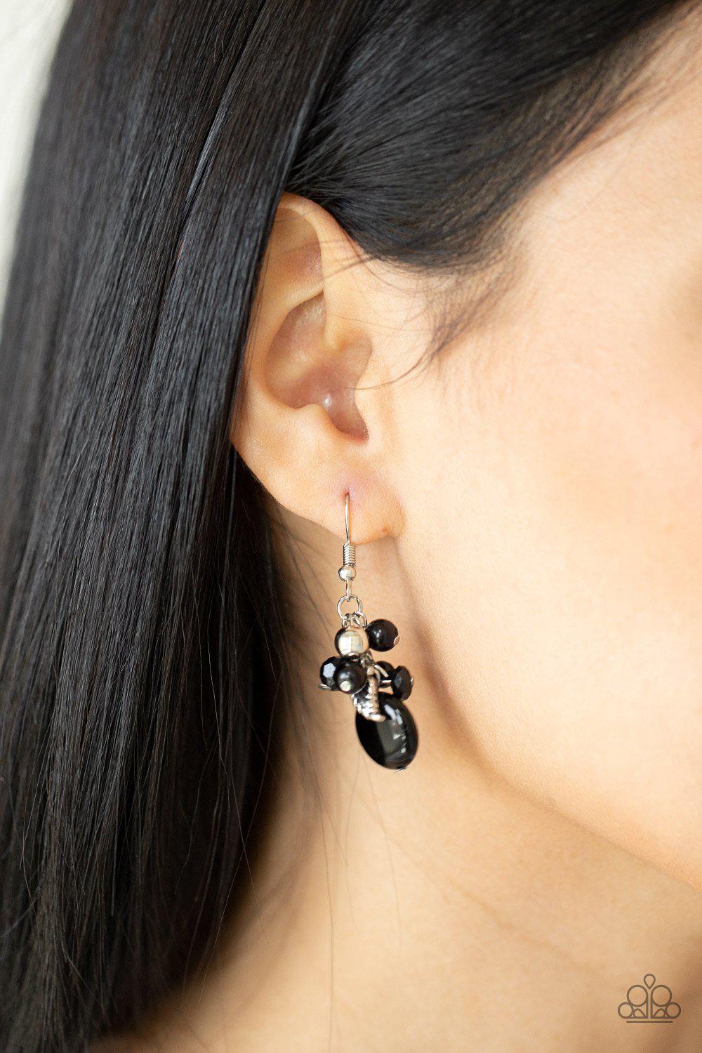 Whimsically Musical Black and Silver Feather Earrings - Paparazzi Accessories- on model - CarasShop.com - Paparazzi Jewelry by Cara Jewels